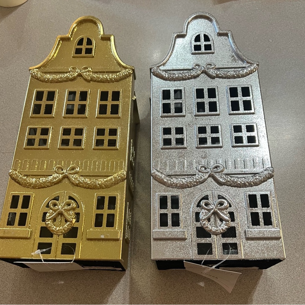 NWT Gold and Silver Decorative Christmas Houses 15 inches